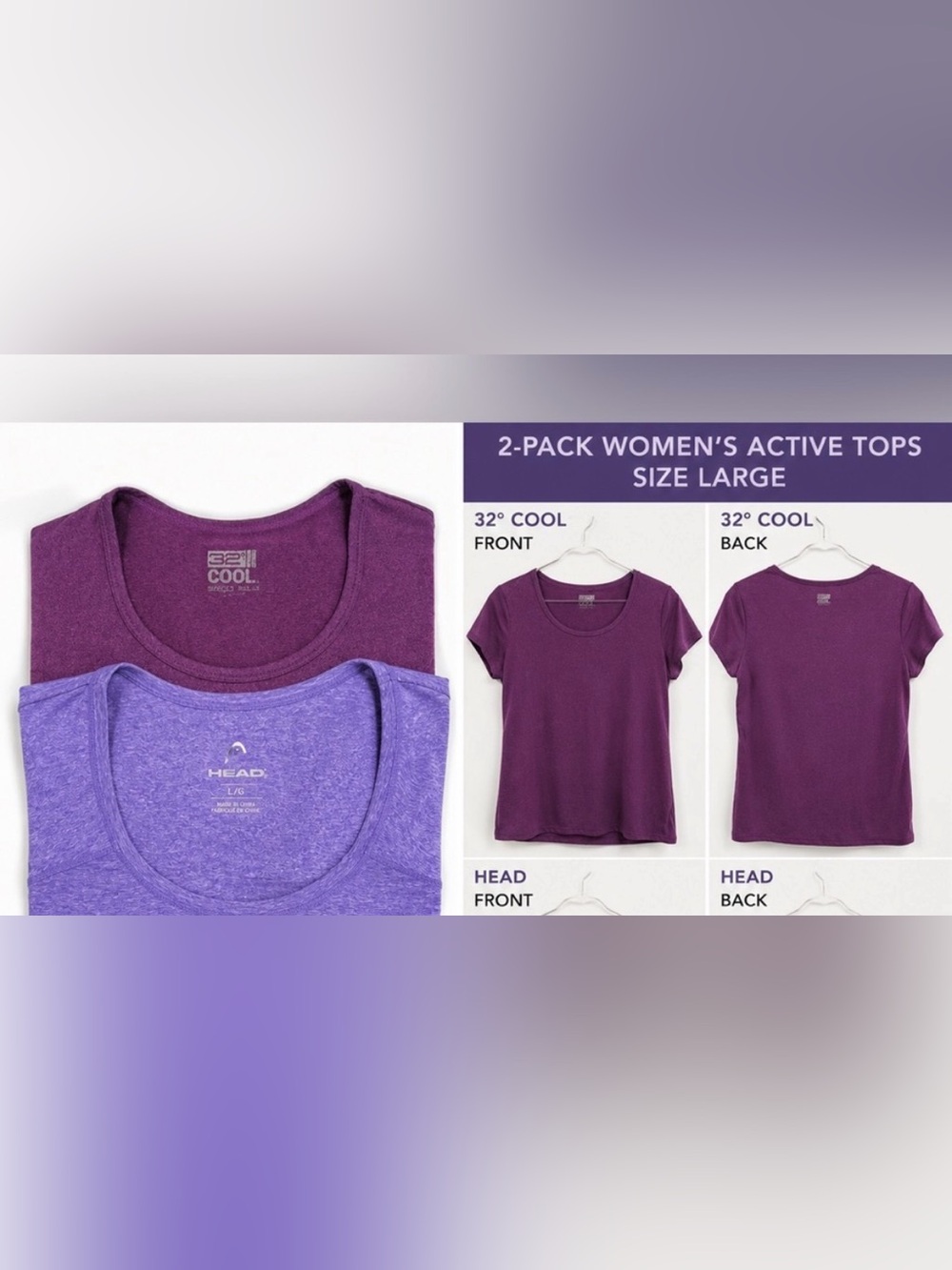2 Pack women’s active tops size large. Brands: 32 Degrees & Head. Purple tones
